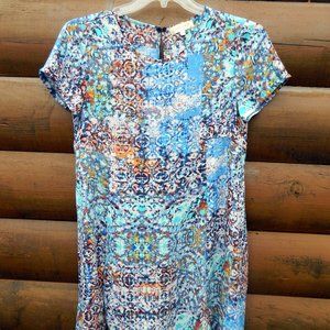 Eight Sixty Shift Dress Multicolor Print Short Sleeves, Open Back Women’s Large